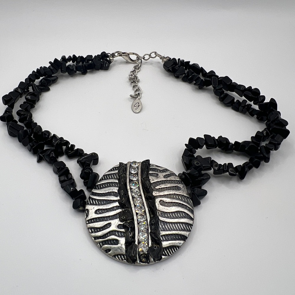 Black Stone Chip Double Strand Zebra Pendant Statement Necklace Silver